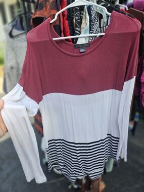 Double Zero Maroon and White Colorblock Long Sleeve Jersey Tee with Stripes